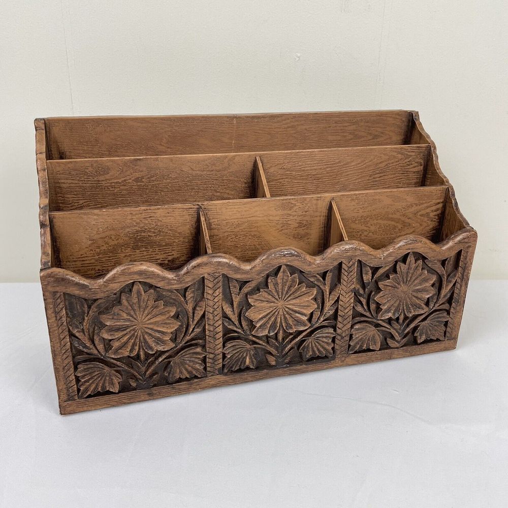 Vintage Lerner Plastic Faux Carved Wood Letter Holder Office Desk Organizer‎